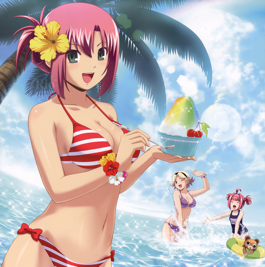 :d ;d ahoge artist_request beach bikini blonde_hair breasts choco_(rio) cleavage cloud fang green_eyes hair_bobbles hair_ornament hairband highres innertube koutaro large_breasts lens_flare mint_clark multiple_girls ocean one-piece_swimsuit open_mouth palm_tree red_hair redhead rina_tachibana rio_-rainbow_gate!- rio_rollins school_swimsuit shaved_ice shiny shiny_skin short_hair short_twintails sky smile splash splashing striped striped_bikini striped_swimsuit stuffed_animal stuffed_toy super_blackjack swimsuit teddy_bear tree twintails water wink