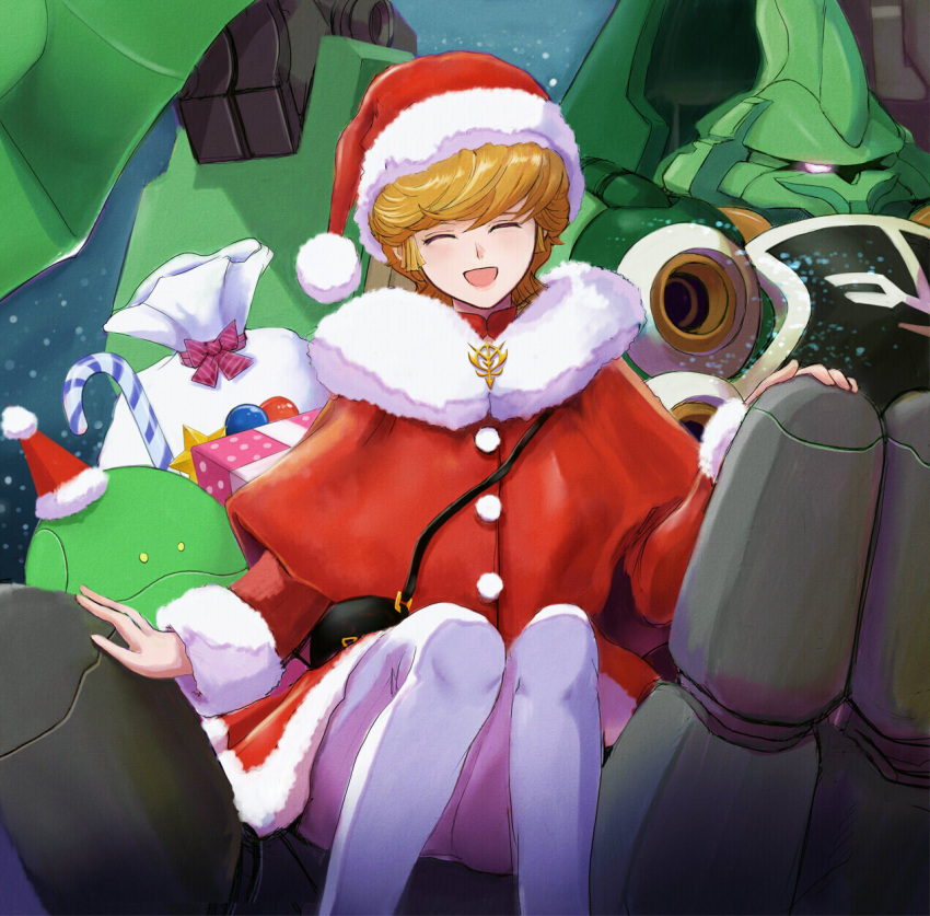 ^_^ audrey_burne christmas closed_eyes eyes_closed gacha-m gift green_eyes gundam gundam_unicorn haro hat highres kshatriya mecha orange_hair pantyhose santa_costume santa_hat