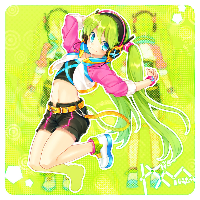 alternate_hair_color blue_eyes casual green_hair hatsune_miku headphones highres jacket jumping long_hair looking_at_viewer midriff navel renta shoes shorts smile solo twintails very_long_hair vocaloid