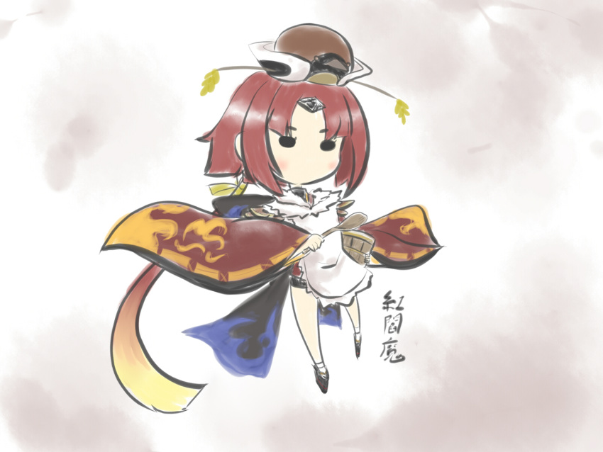 1girl apron benienma_(fate/grand_order) blush_stickers bow chibi commentary_request fate_(series) feathers full_body goma_(gomasamune) hat headpiece highres holding holding_spoon long_hair long_sleeves ponytail redhead rice_cooker rice_spoon rice_stalk shoes short_hair solo spoon standing translated wide_sleeves