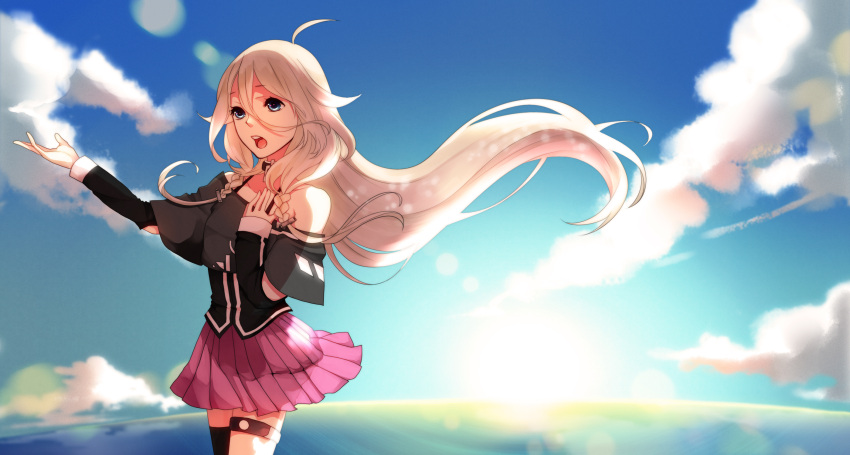 absurdres bangs bare_shoulders blonde_hair blue_eyes boots braid cloud highres horizon ia_(vocaloid) koyubi_right lens_flare lense_flare long_hair mismatched_legwear off_shoulder open_hand open_mouth pink_hair pleated_skirt skirt solo sun thigh_strap thighhighs twintails very_long_hair vocaloid