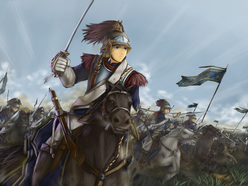 armor army blonde_hair blue_eyes breastplate cavalry flag gun helmet horse horseback_riding male original rifle short_hair sword tomw war weapon