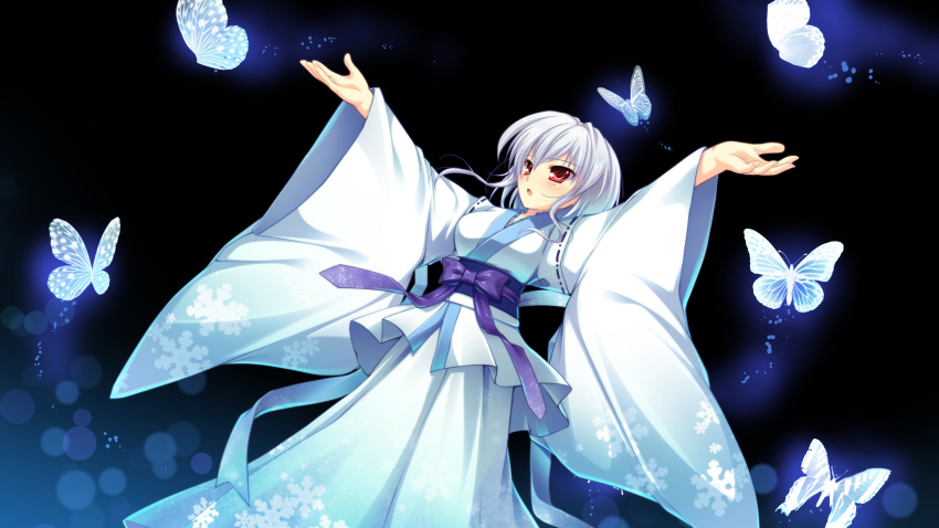 butterfly game_cg grey_hair japanese_clothes manatsu_no_yoru_no_yuki_monogatari mikeou red_eyes shinjou_yukina