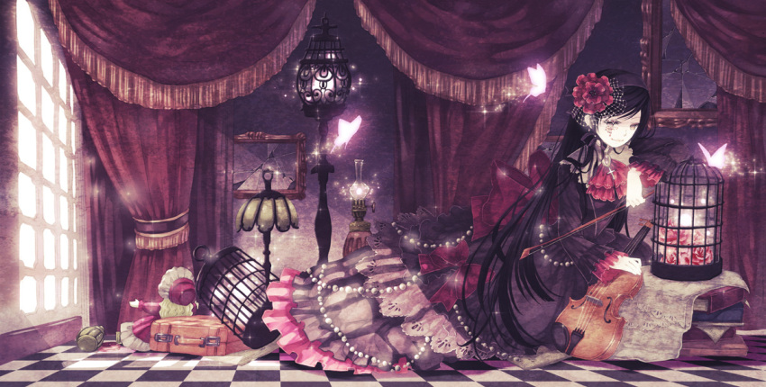 birdcage black_dress black_hair book bow bow_(instrument) broken_mirror brooch butterfly cage checkered checkered_floor cross curtains doll dress facial_mark flower frills gothic_lolita grey_eyes hair_flower hair_ornament hairband instrument jewelry lamp large_bow lolita_fashion long_hair mirror mirusa original pink_rose rose sitting solo suitcase sunlight violin window