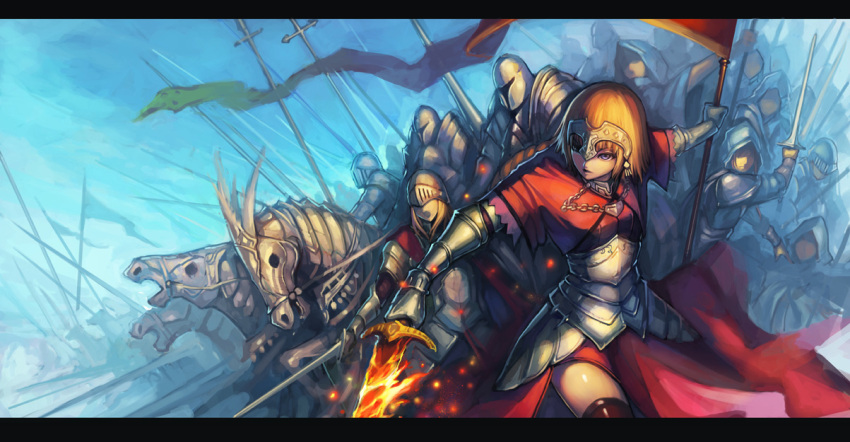 6+boys armor armored_dress army barding battle black_legwear blonde_hair blue_eyes blue_skin braid cape chain chains dress faceless_hood fate/apocrypha fate/stay_night fate_(series) faulds flag flaming_sword full_armor gauntlets headpiece helm helmet holding hood horse horseback_riding jeanne_d'arc_(fate/apocrypha) jeanne_d'arc_(fate/apocrypha) lance letterboxed long_hair medieval multiple_boys open_mouth polearm red_dress ruler_(fate/apocrypha) short_hair soldiers spear sword thigh-highs thighhighs war weapon yuki_(clydtc) zettai_ryouiki