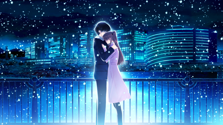 1boy 1girl building city city_lights couple game_cg hug night ogiso_setsuna snow white_album_2 winter