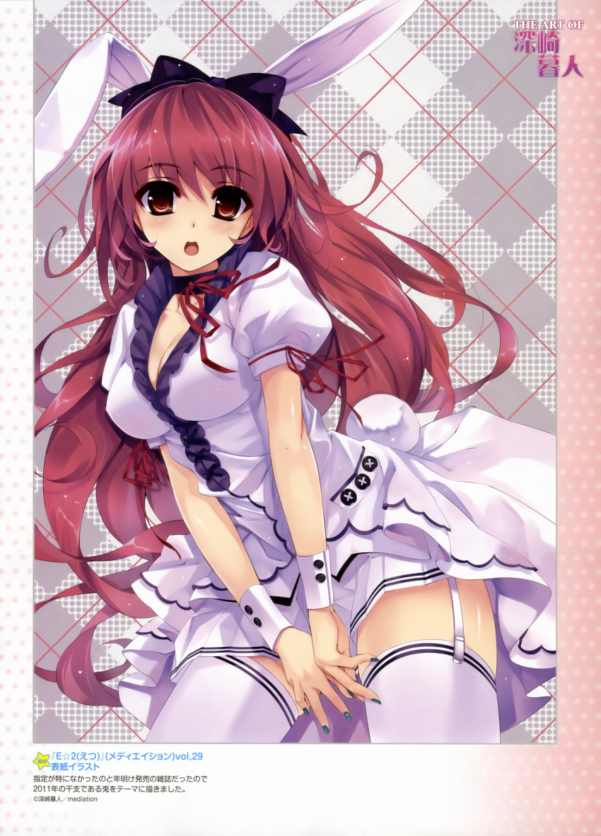 :o absurdres animal_ears argyle argyle_background between_thighs blush bow breasts bunny_ears bunny_tail choker cleavage frills garter_straps hair_bow highres legs long_hair looking_at_viewer misaki_kurehito nail_polish original pleated_skirt red_eyes red_hair redhead ribbon skirt solo tail thighhighs thighs white_legwear wrist_cuffs zettai_ryouiki