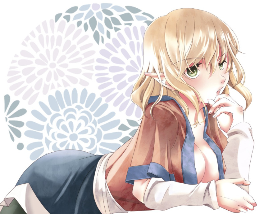 arm_warmers black_legwear blonde_hair breasts cleavage floral_background flower green_eyes hand_to_chin holding_arm hypoxis leaning_forward looking_at_viewer mizuhashi_parsee open_clothes open_mouth open_shirt pantyhose pointy_ears sash shirt short_hair short_sleeves skirt solo touhou