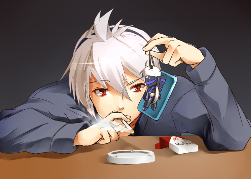 1girl ashtray bow brand_name_imitation cellphone cellphone_strap chibi cigarette grey_hair hair_bow headphones honne_dell magu_(mugsfc) marlboro phone ponytail red_eyes smoking vocaloid voyakiloid yowane_haku