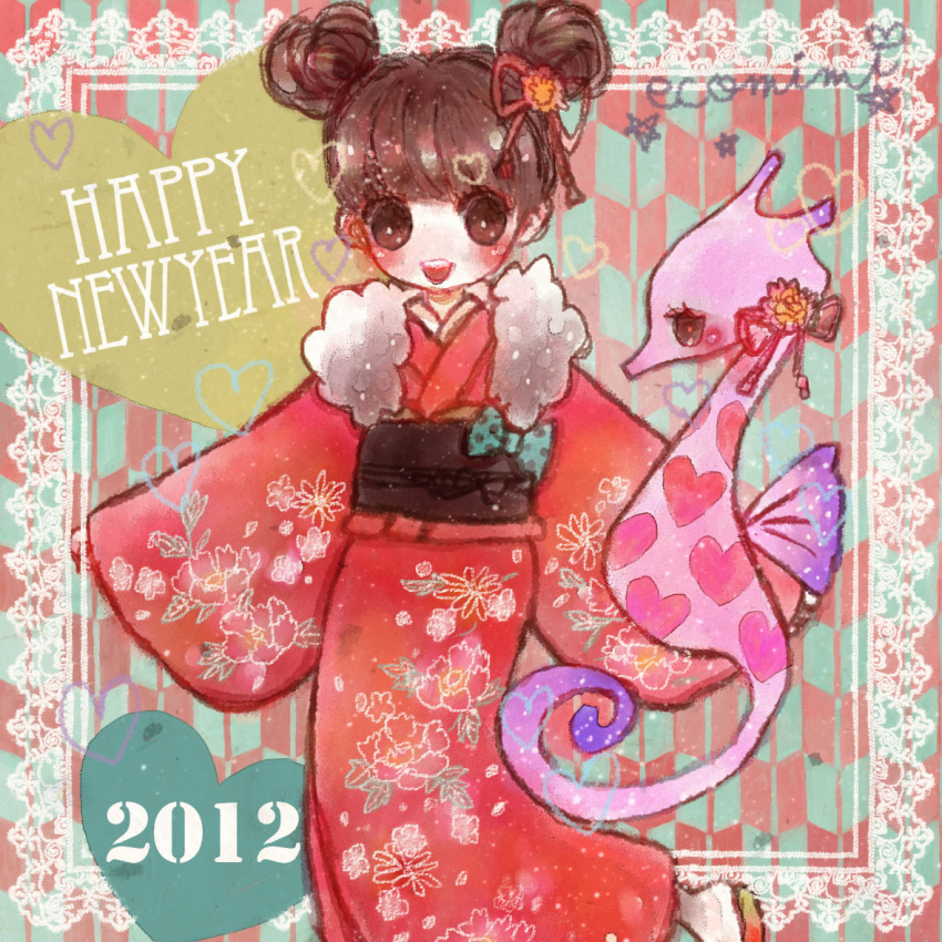 2012 blush brown_eyes brown_hair double_bun ecomimi floral_print fur_trim heart japanese_clothes kimono new_year open_mouth original seahorse yagasuri