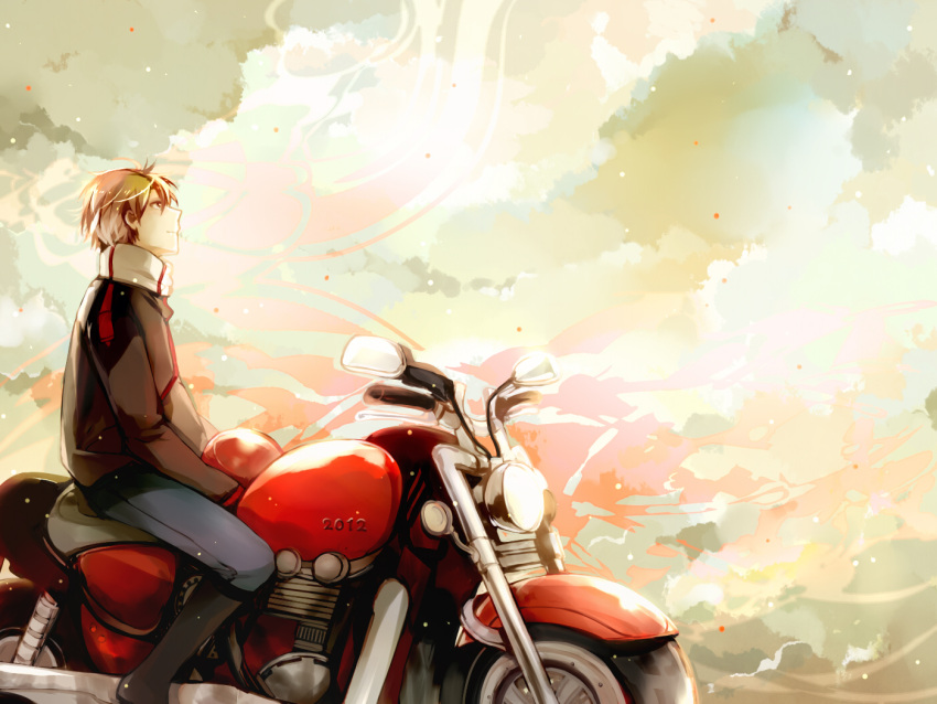 2012 aoshiki boots brown_hair clouds dated headwear_removed helmet helmet_removed holding_helmet looking_up male motor_vehicle motorcycle original sitting sky solo vehicle