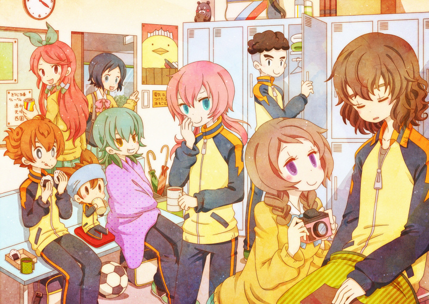 3girls 5boys bag ball blanket blue_eyes blue_hair blush braid brown_eyes brown_hair camera can cardigan cup eating food green_eyes green_hair hair_ribbon inazuma_eleven inazuma_eleven_(series) inazuma_eleven_go kariya_masaki kirino_ranmaru locker long_hair matsukaze_tenma mug multiple_boys multiple_girls nishizono_shinsuke onigiri open_mouth pink_hair red_hair redhead ribbon sangoku_taichi school_uniform seto_midori shindou_takuto short_hair sleeping smile soccer_ball sorano_aoi track_suit twin_braids twintails umbrella yamana_akane yellow_eyes