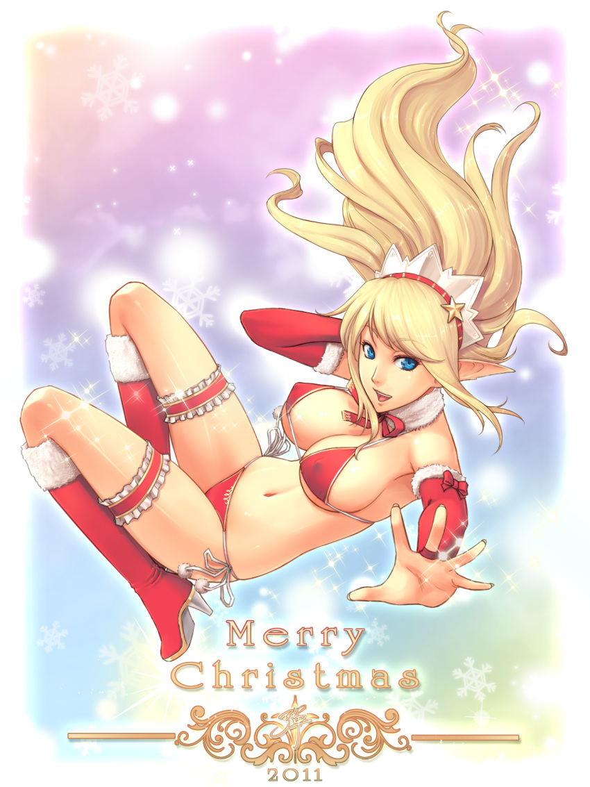 adam700403 bikini blonde_hair blue_eyes boots breasts bridal_gauntlets christmas elf erect_nipples foreshortening hat highres janna_windforce large_breasts league_of_legends long_hair looking_at_viewer open_mouth pointy_ears santa_boots santa_hat shiny shiny_skin side-tie_bikini solo strap_gap swimsuit