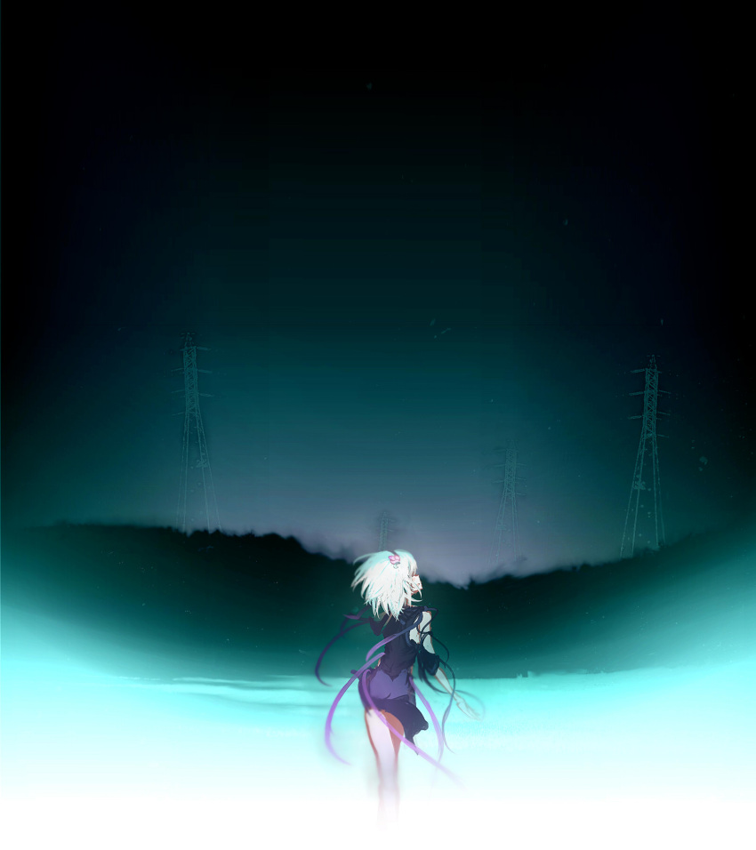 1girl :d bare_arms bare_legs bare_shoulders blush breasts dress fragile from_behind gradient hairband highres landscape looking_up namco night night_sky open_mouth pale_skin ren_(fragile) short_hair sideboob sideways_mouth sky sleeveless sleeveless_dress smile solo tagme walking white_hair yoshioka_yoshiko