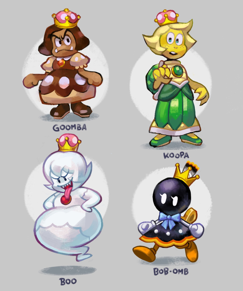 ballooncar bob-omb boo boots bow brown_dress character_name dress eyelashes fuse gloves goomba grey_background highres koopa super_mario_bros. nintendo simple_background super_crown tongue tongue_out walking white_eyes white_gloves