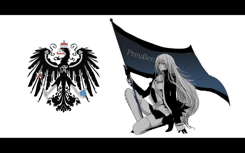 axis_powers_hetalia cravat flag genderswap gloves letterboxed long_hair miniskirt polychromatic prussia_(hetalia) red_etes sitting thigh_boots