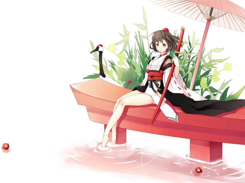 alternate_costume bare_legs barefoot bird black_hair brown_hair camellia_(flower) crane_(animal) detached_sleeves feet_in_water flower grass hat holding japanese_clothes katana kourindou_tengu_costume no_wings obi oriental_umbrella plant red_eyes scabbard shameimaru_aya sheath sheathed short_hair sitting sitting_on_torii smile soaking_feet solo sword tokin_hat torii touhou umbrella watase-ya water weapon wide_sleeves