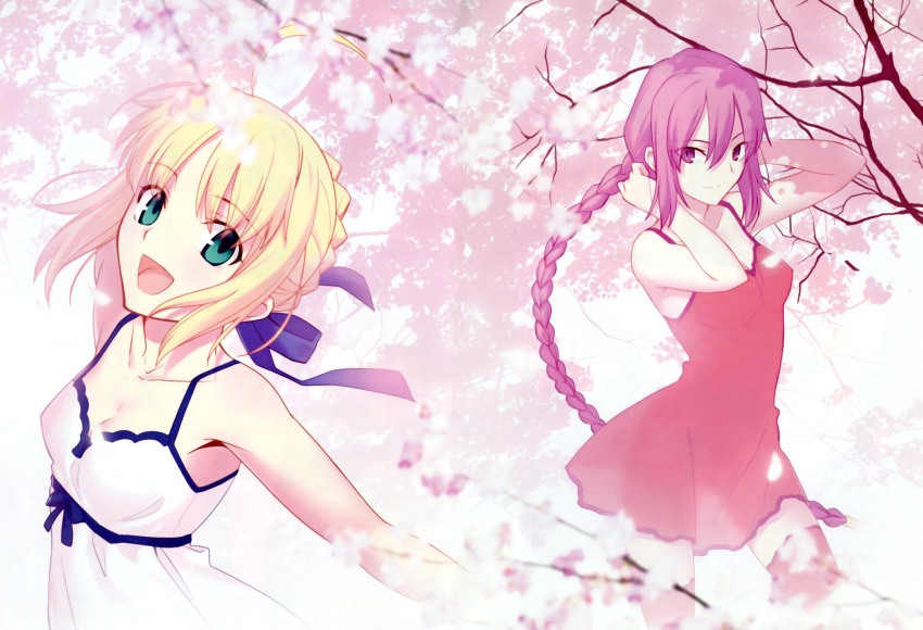 absurdres april_fools bare_shoulders blonde_hair braid breasts carnival_phantasm casual cleavage dress fate/stay_night fate_(series) hair_ribbon highres long_hair melty_blood multiple_girls no_hat no_headwear open_mouth outstretched_arms petals purple_eyes ribbon saber see-through sion_eltnam_atlasia smile spread_arms takeuchi_takashi thigh-highs thighhighs tsukihime tsurime type-moon violet_eyes zettai_ryouiki