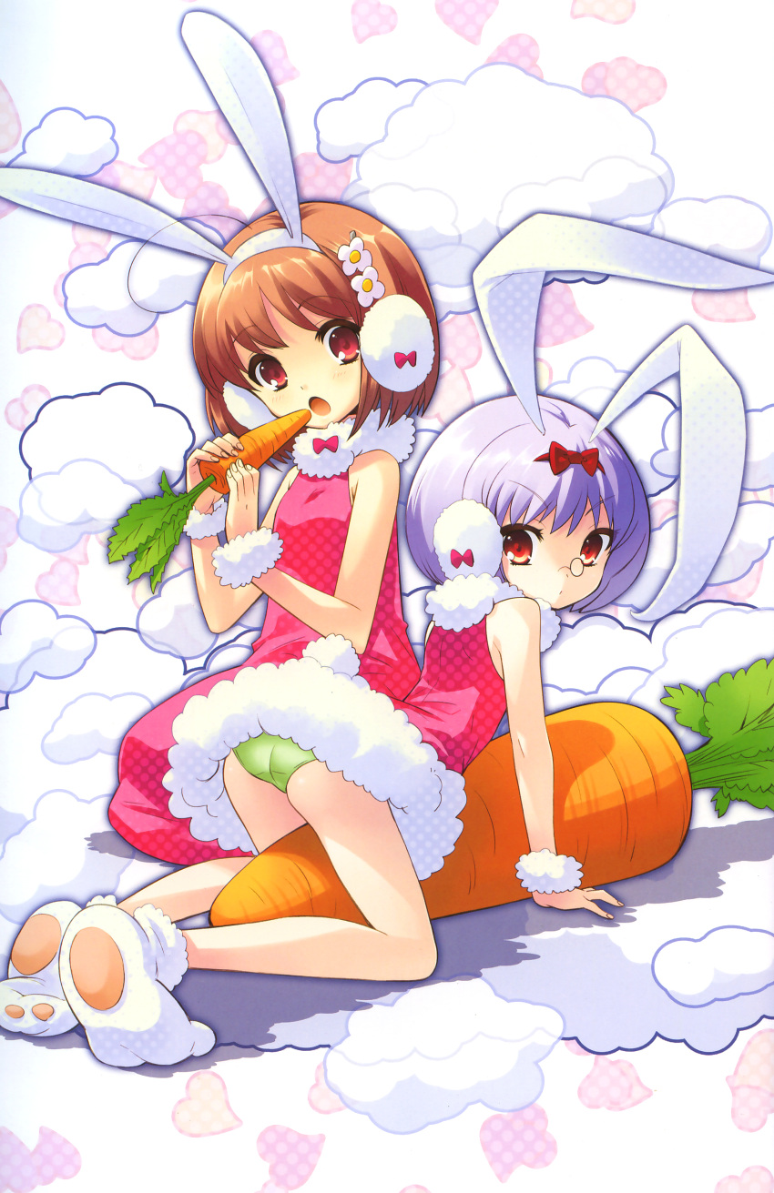 absurdres alice_parade animal_ears bunny_ears bunny_girl bunnysuit carrot cloud company_connection dress earmuffs eating fake_animal_ears flyable_heart green_panties highres inaba_yui itou_noiji multiple_girls panties silk_(alice_parade) source_request underwear