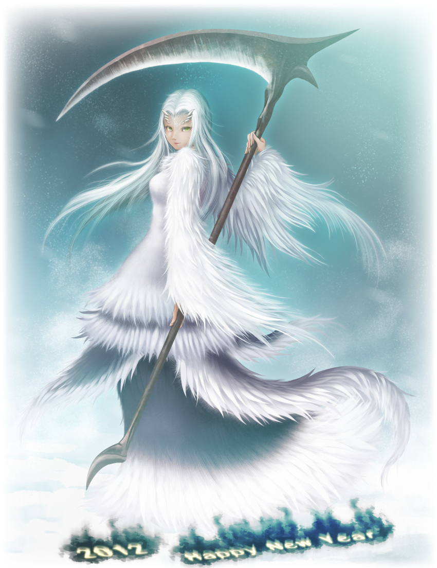 2012 absurdres bad_id crossbreed_priscilla dark_souls dragon fur green_eyes highres human long_hair new_year priscilla_the_crossbreed scythe solo sumi_no_hito tail weapon white_hair