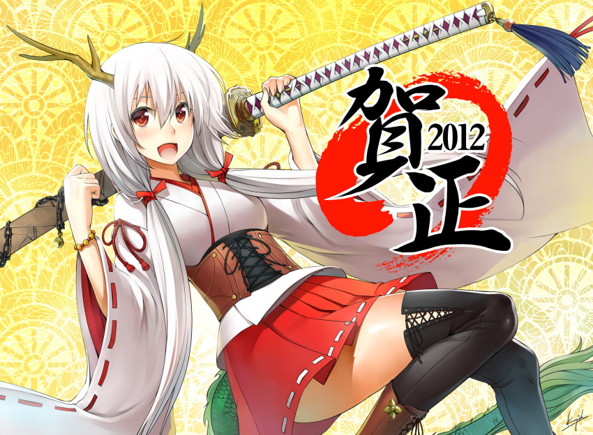 2012 :d antlers bell black_legwear boots bracelet breasts chain chains corset cross-laced_footwear dragon_girl dragon_tail hakama_skirt highres japanese_clothes jewelry katana kurojishi lace-up_legwear long_hair miko new_year nodachi open_mouth original over_shoulder pleated_skirt red_eyes skirt smile solo sword sword_over_shoulder tail tassel thigh-highs thighhighs twintails weapon weapon_over_shoulder white_hair wide_sleeves zettai_ryouiki