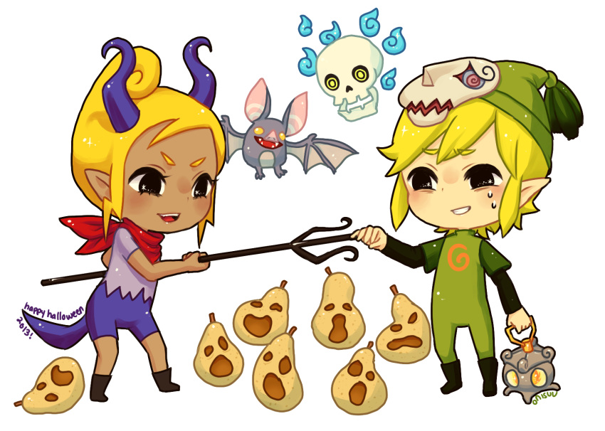 1boy 1girl 2013 artist_name bandana bat blonde_hair dark_skin dated english halloween hat highres hitodama horns link mask onisuu open_mouth parted_lips pitchfork simple_background smile standing sweatdrop tagme tail tetra the_legend_of_zelda toon_link white_background wind_waker yellow_eyes