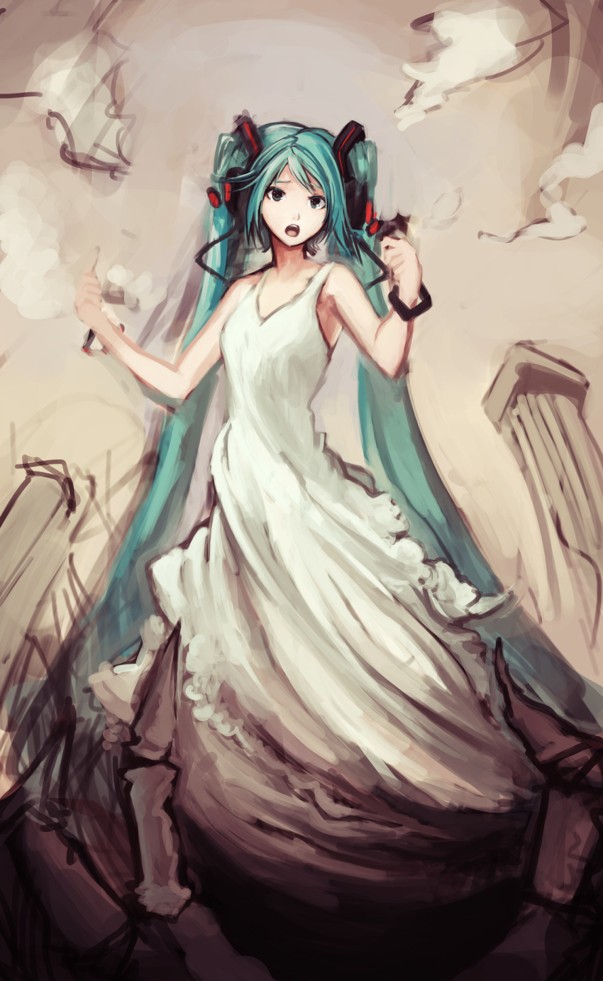 aqua_hair armpits doomfest dress hair_ornament hatsune_miku highres long_hair open_mouth solo speed_painting twintails very_long_hair vocaloid white_dress