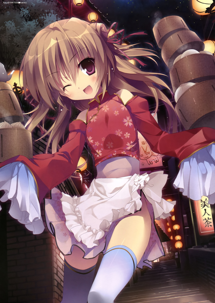 ;d absurdres apron balancing bare_shoulders brown_hair china_dress chinadress chinese_clothes detached_sleeves fang food hair_ribbon highres karory lantern long_hair night night_sky nikuman no_panties open_mouth original purple_eyes ribbon sky sleeves_past_wrists smile solo stairs thigh-highs thighhighs violet_eyes white_legwear wink