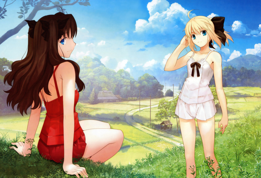 absurdres ahoge aqua_eyes ass back bare_legs bare_shoulders blonde_hair blue_eyes blue_sky bow breasts brown_hair camisole cleavage cloud fate/stay_night fate/unlimited_codes fate_(series) grass hair_bow hair_ribbon hand_in_hair highres house long_hair looking_at_viewer looking_back multiple_girls outdoors ponytail revision ribbon saber saber_lily scenery short_shorts shorts sitting sky takeuchi_takashi telephone_pole tohsaka_rin toosaka_rin tree twintails two_side_up type-moon wire