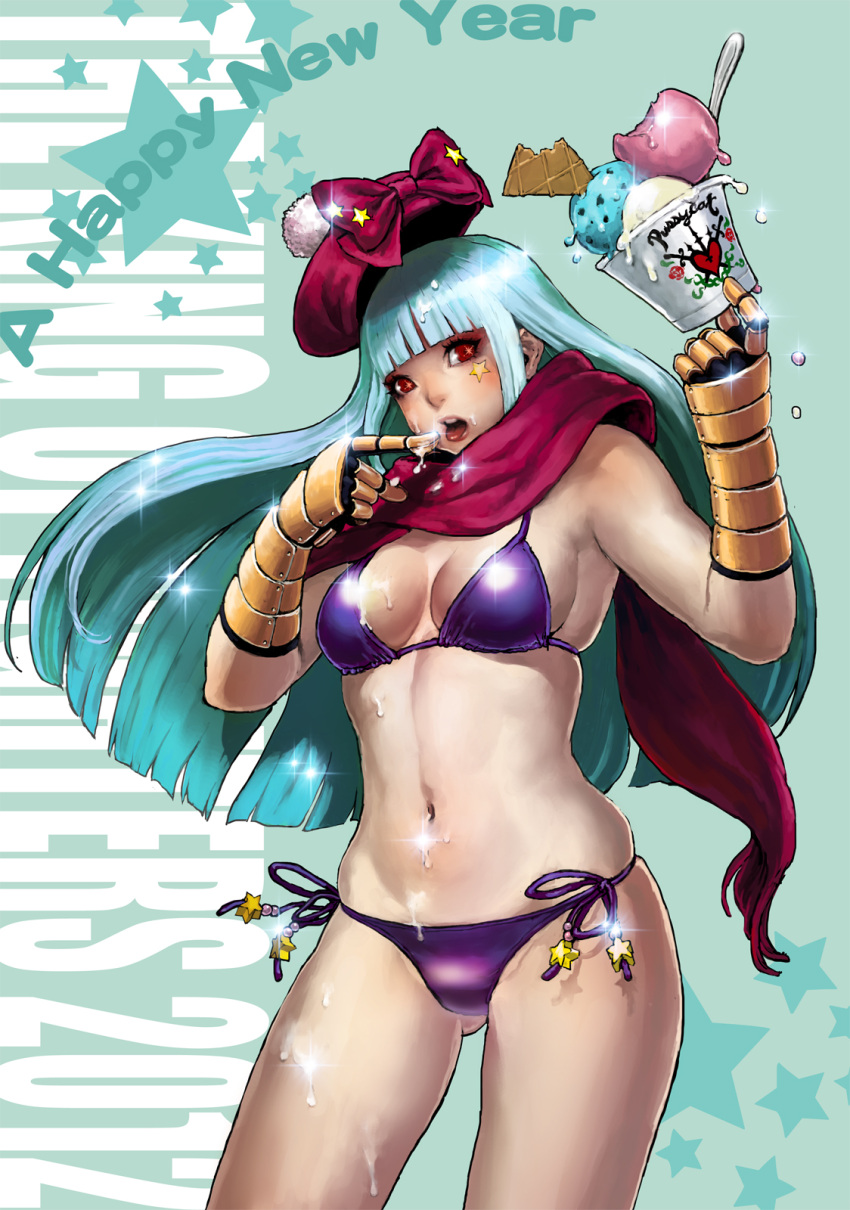 bikini blue_hair daichan_mona food gloves hat highres hime_cut ice_cream king_of_fighters kula_diamond navel new_year open_mouth red_eyes scarf side-tie_bikini skindentation snk solo swimsuit tongue