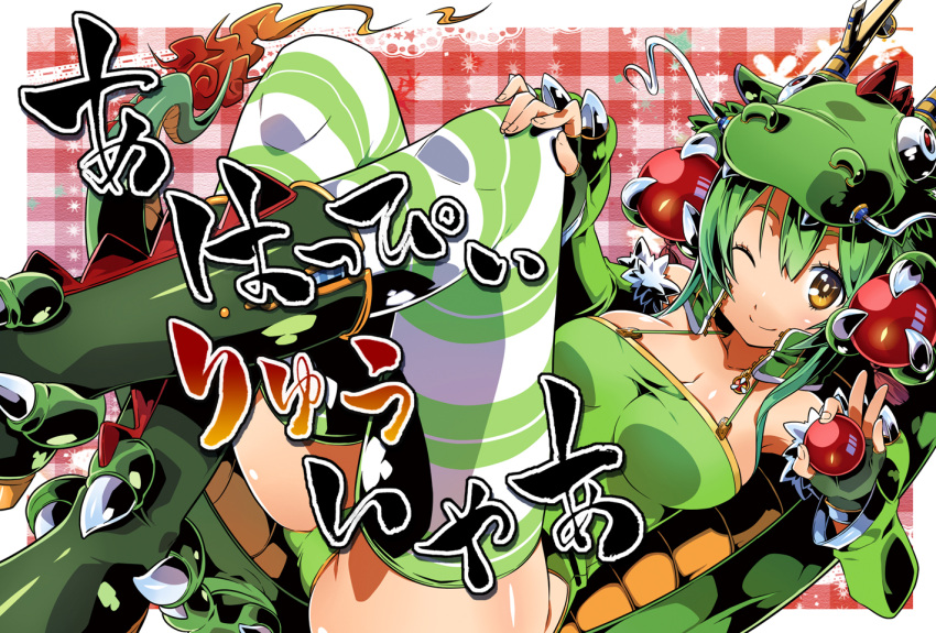 bare_shoulders boots breasts claws cleavage dragon green_hair green_panties hand_on_knee open_clothes open_jacket original panties short_hair smile solo striped striped_legwear tail thigh-highs thighhighs underwear wink yellow_eyes yuuzii