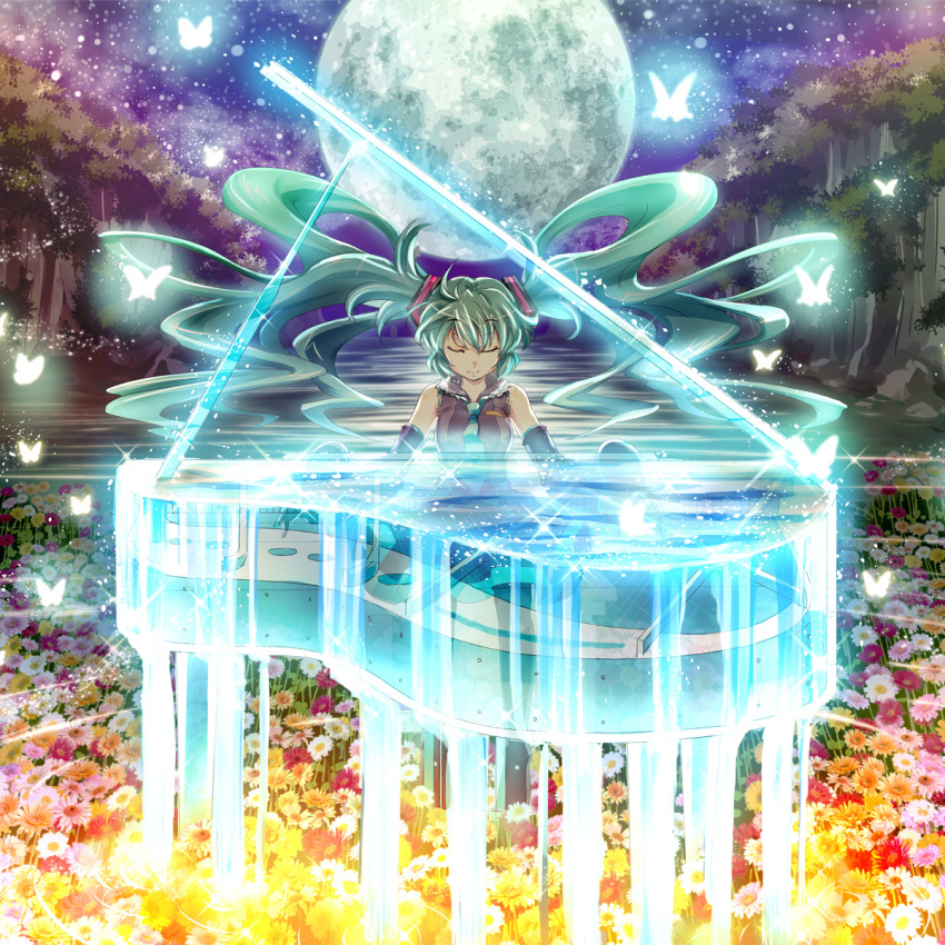 closed_eyes detached_sleeves eyes_closed floating_hair flower full_moon grand_piano green_hair hatsune_miku highres instrument k2pudding long_hair moon necktie piano see-through solo sparkle twintails very_long_hair vocaloid water