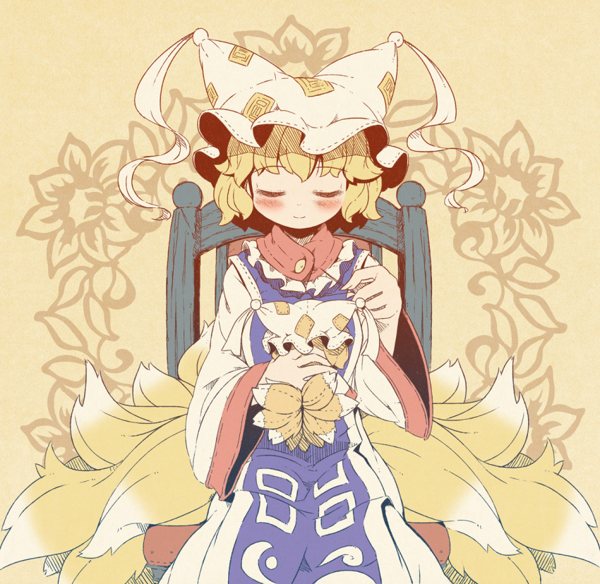 blonde_hair blush chair character_doll closed_eyes eyes_closed fox_tail hat multiple_tails needle sewing sitting smile solo stuffed_toy tail takahero thread touhou yakumo_ran