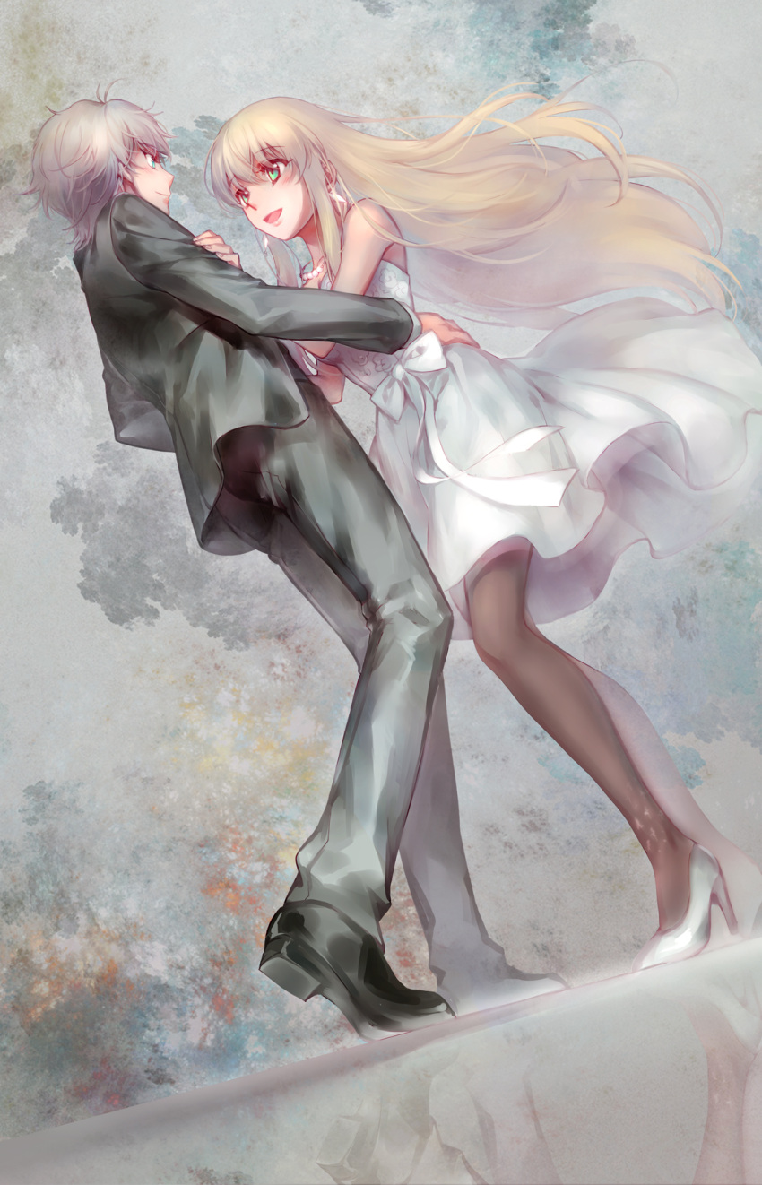 1boy 1girl aldnoah.zero aqua_eyes asseylum_vers_allusia bare_shoulders blonde_hair blush dancing dress earrings formal green_eyes highres jewelry kanmuri_(hanyifan30338) long_hair necklace open_mouth pantyhose silver_hair slaine_troyard smile suit