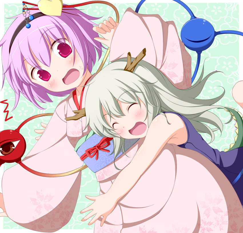 2girls ^_^ alternate_costume antlers closed_eyes dragon_tail eyeball eyes_closed glomp green_hair hair_ornament hairband happy heart highres hug hug_from_behind japanese_clothes kemonomimi_mode kimono komeiji_koishi komeiji_satori multiple_girls nikku_(ra) no_hat obi open_mouth pink_eyes pink_hair purple_eyes school_swimsuit short_hair siblings sisters sleeveless sleeveless_shirt swimsuit tail third_eye touhou