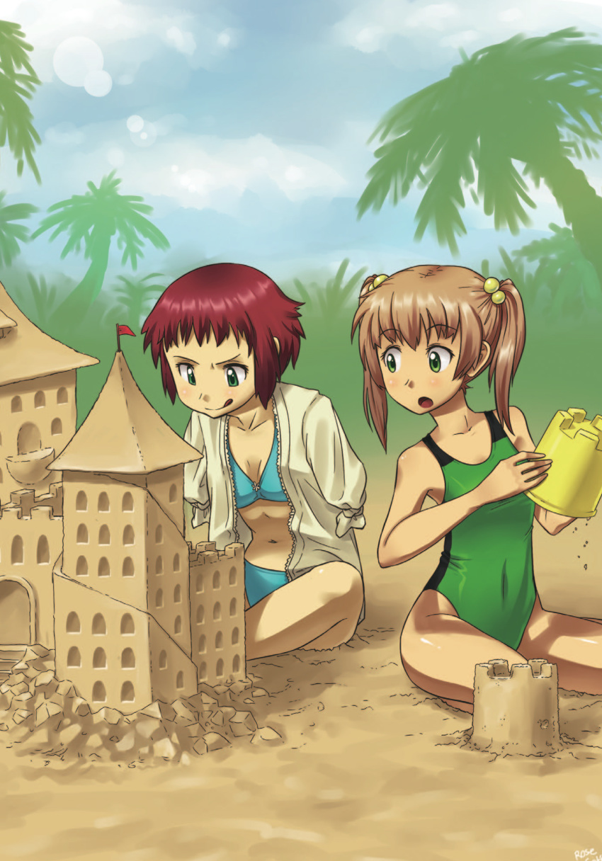 :q absurdres amputee artbook beach bikini brown_hair bucket commentary competition_swimsuit flat_chest green_eyes highres ibarazaki_emi katawa_shoujo multiple_girls navel official_art one-piece_swimsuit open_clothes open_shirt palm_tree pimmy red_hair redhead sand_castle shirt swimsuit tezuka_rin tongue tree twintails