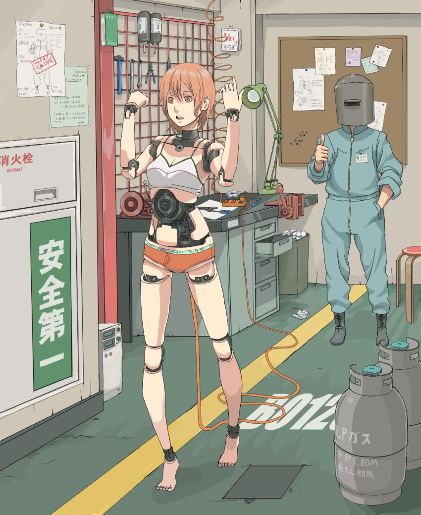 barefoot cable hand_in_pocket highres jittsu lamp midriff open_mouth orange_eyes orange_hair original panties pliers plug power_cord robot_joints schematics short_hair thumbs_up translated translation_request underwear vise vise_clamp welding_mask workshop wrench