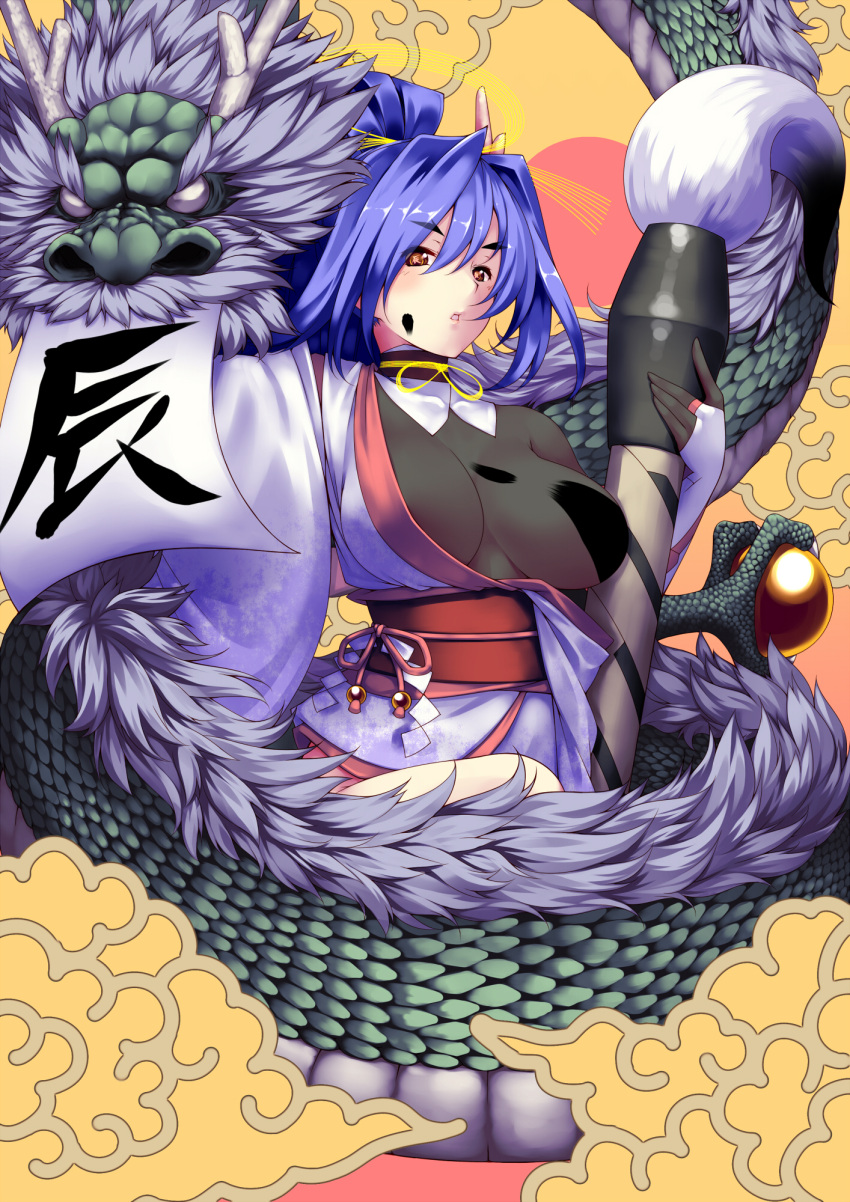 blue_hair breast_slip breasts brown_eyes brush calligraphy_brush censored cloud convenient_censoring dragon facial_mark furisode highres horns japanese_clothes kimono large_breasts new_year obi off_shoulder one_breast_out open_mouth original paintbrush sash see-through shirt sign solo sun symbol-shaped_pupils tro