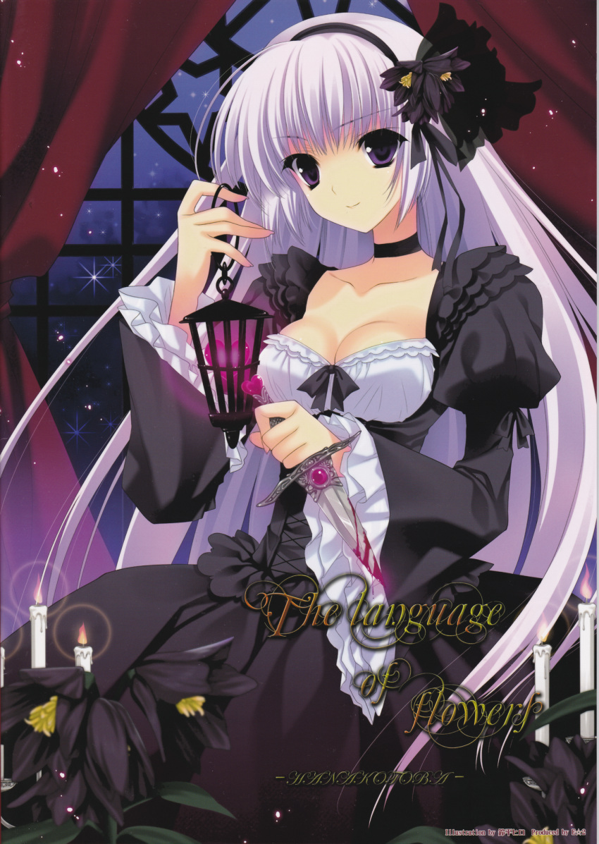 black_dress bow breasts candle choker cleavage collarbone corset dagger dress flower hair_flower hair_ornament hairband highres lantern lolita_fashion original puffy_sleeves purple_eyes purple_hair screening smile solo suzuhira_hiro violet_eyes weapon