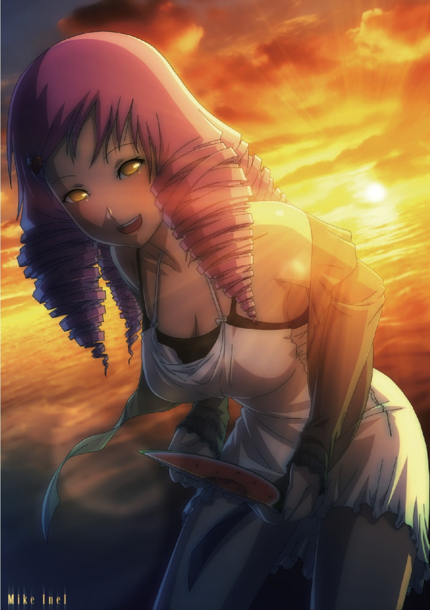 1girl artbook breasts cleavage commentary dress drill_hair food fruit highres jpeg_artifacts katawa_shoujo large_breasts mikado_shiina mike_inel ocean off_shoulder official_art pink_hair quad_tails resizing_artifacts solo sunset watermelon white_dress yellow_eyes