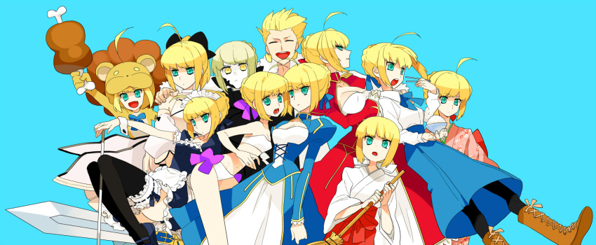 6+girls ahoge alternate_costume animal_costume aqua_background bikini blonde_hair blue_eyes boned_meat carnival_phantasm casual chopsticks dress excalibur fang fate/extra fate/hollow_ataraxia fate/stay_night fate/tiger_colosseum fate/unlimited_codes fate_(series) food gilgamesh gum_(gmng) highres japanese_clothes kimono lion_costume maid meat miko mister_donut multiple_girls multiple_persona odd_one_out pale_skin pantyhose pon_de_lion saber saber_alter saber_extra saber_lily saber_lion side-tie_bikini swimsuit sword thighhighs weapon yellow_eyes