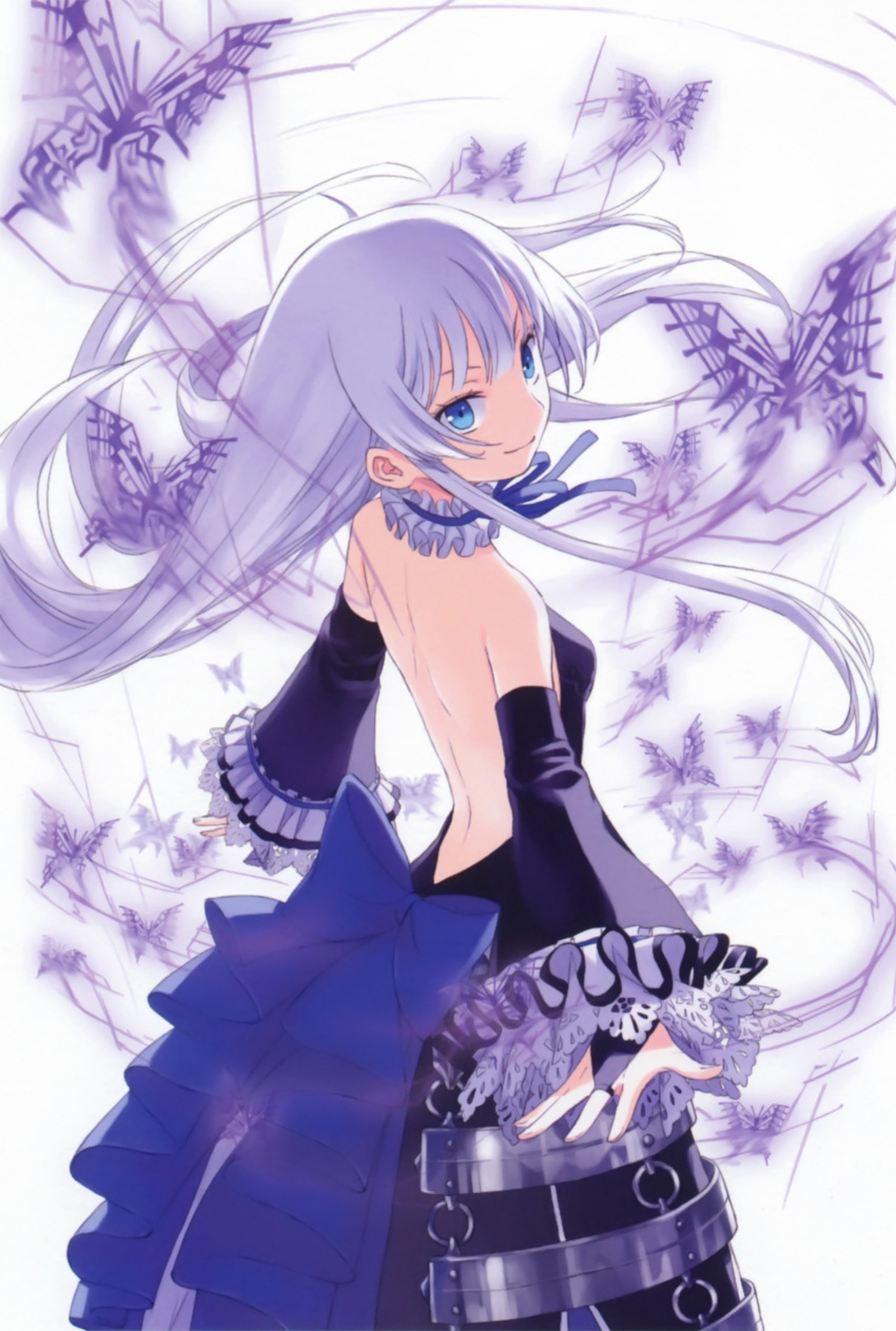 absurdres armor bare_back bare_shoulders black_dress blue_eyes bow bridal_gauntlets butterfly detached_sleeves dress frills highres kaya8 long_hair looking_back original outstretched_arms ribbon_choker smirk solo strapless_dress white_hair