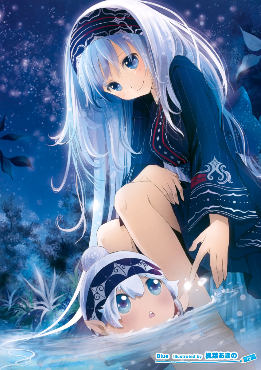 absurdres barefoot blue_hair blush copyright_request face feet_in_water hairband highres kaedena_akino long_hair multiple_girls night pointy_ears sky smile soaking_feet water