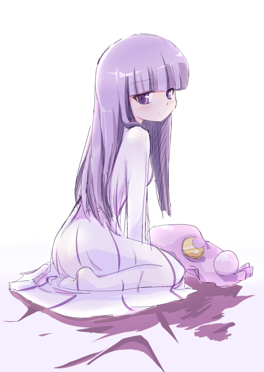 bangs blunt_bangs breasts coo crescent dress hat hat_removed headwear_removed highres long_hair patchouli_knowledge purple_eyes purple_hair seiza sitting solo touhou violet_eyes