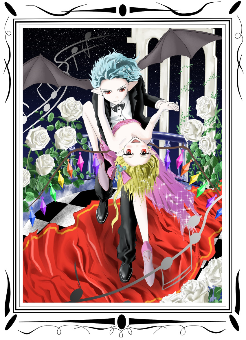 2girls alternate_costume arch balcony bat_wings blonde_hair blue_hair border carpet checkered checkered_floor crossdressinging dancing dress fang flandre_scarlet flower hair_ornament hair_ribbon hand_on_another's_shoulder hands_together high_heels highres leaf leg_up looking_at_another looking_at_viewer multiple_girls musical_note pale_skin pointy_ears railing red_eyes remilia_scarlet ribbon rose shoes short_hair siblings sisters sky smile sparkle star_(sky) starry_sky strapless_dress suke_(tina18) tango touhou tuxedo white_rose wings