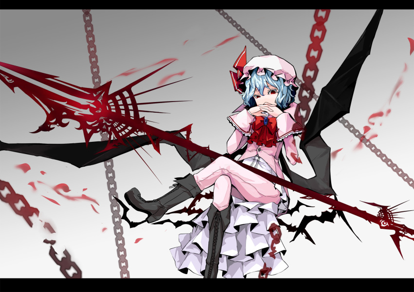 alternate_costume bat bat_wings blue_eyes blue_hair boots bow brooch chain chains covered_mouth cross-laced_footwear crossed_legs formal gendou_pose hands_clasped hat hat_ribbon highres jewelry lace-up_boots legs_crossed letterboxed pant_suit pants red_eyes remilia_scarlet ribbon shirt short_hair sindre sitting solo spear_the_gungnir suit touhou tuxedo wings