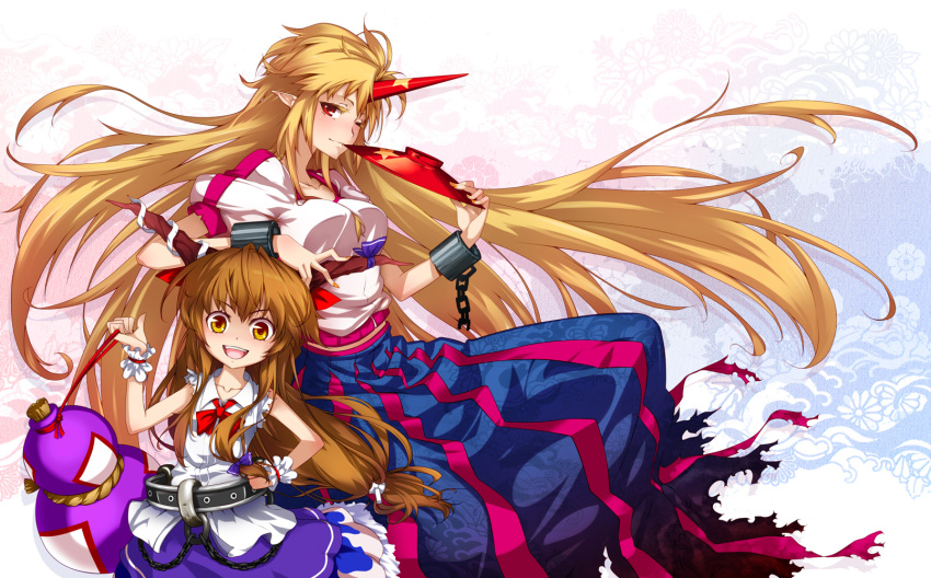 blonde_hair breasts brown_hair chain gourd highres hong_(white_spider) horn horns hoshiguma_yuugi ibuki_suika large_breasts long_hair long_skirt multiple_girls nail_polish pointy_ears red_eyes shackle skirt touhou wink wrist_cuffs yellow_eyes