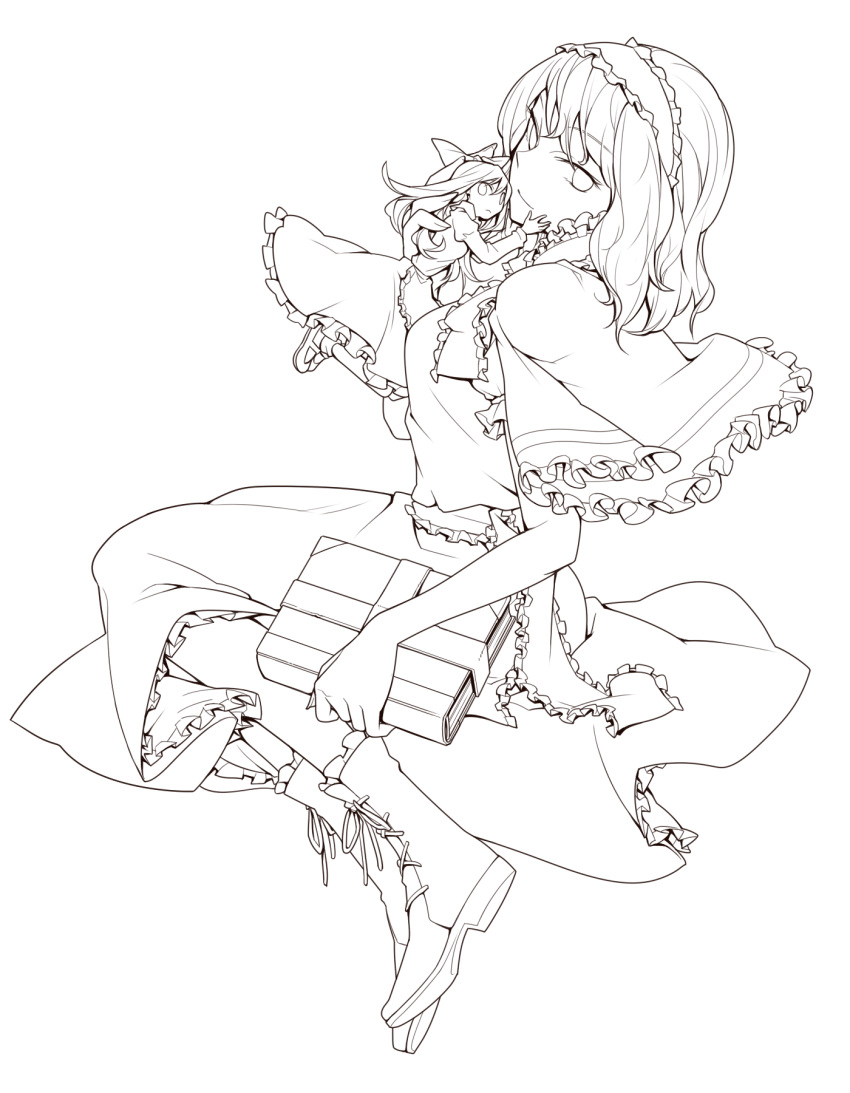 alice_margatroid book boots capelet cross-laced_footwear doll dress hairband highres lace-up_boots lineart long_hair mary_janes monochrome nakatani sash shanghai_doll shoes short_hair solo touhou transparent_background