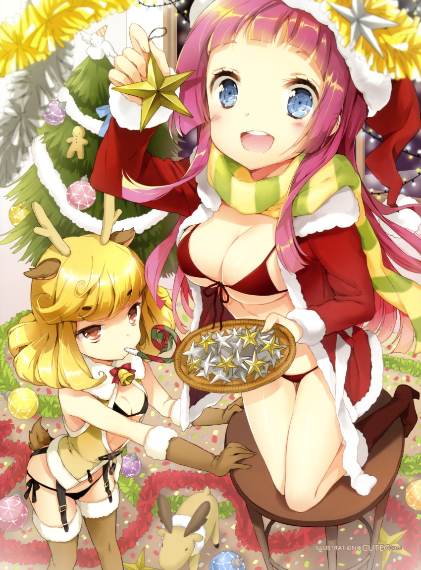 :d absurdres animal_costume antlers bell bikini black_bikini blonde_hair blue_eyes blush boots breasts brown_eyes brown_legwear candy_cane christmas christmas_tree cleavage cuteg deer_tail front-tie_top fur_trim garter_straps gingerbread_man gloves hat highres jacket kneeling mouth_hold multiple_girls open_mouth original ornament pink_hair red_bikini reindeer_antlers reindeer_costume reindeer_ears santa_costume santa_hat scarf side-tie_bikini smile star stool striped striped_scarf swimsuit tail thigh-highs thighhighs