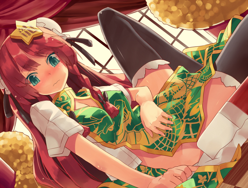 alternate_costume black_legwear blue_eyes blush braid breasts bun_cover chinese_clothes cleavage cleavage_cutout curtains double_bun dragon dutch_angle hair_ornament hair_ribbon hand_on_stomach highres hong_meiling legs_folded long_hair looking_at_viewer lying mikan_(bananoha) naked_tabard no_hat no_panties patterned red_hair redhead ribbon short_sleeves solo star tabard thigh-highs thighhighs touhou twin_braids window